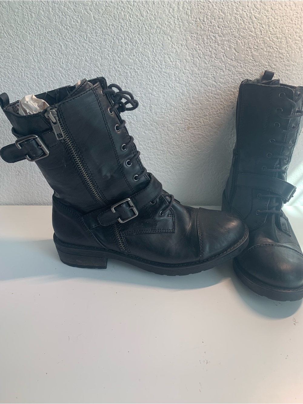 White Mountain Black Lace-Up Combat Boots with Buckle Straps